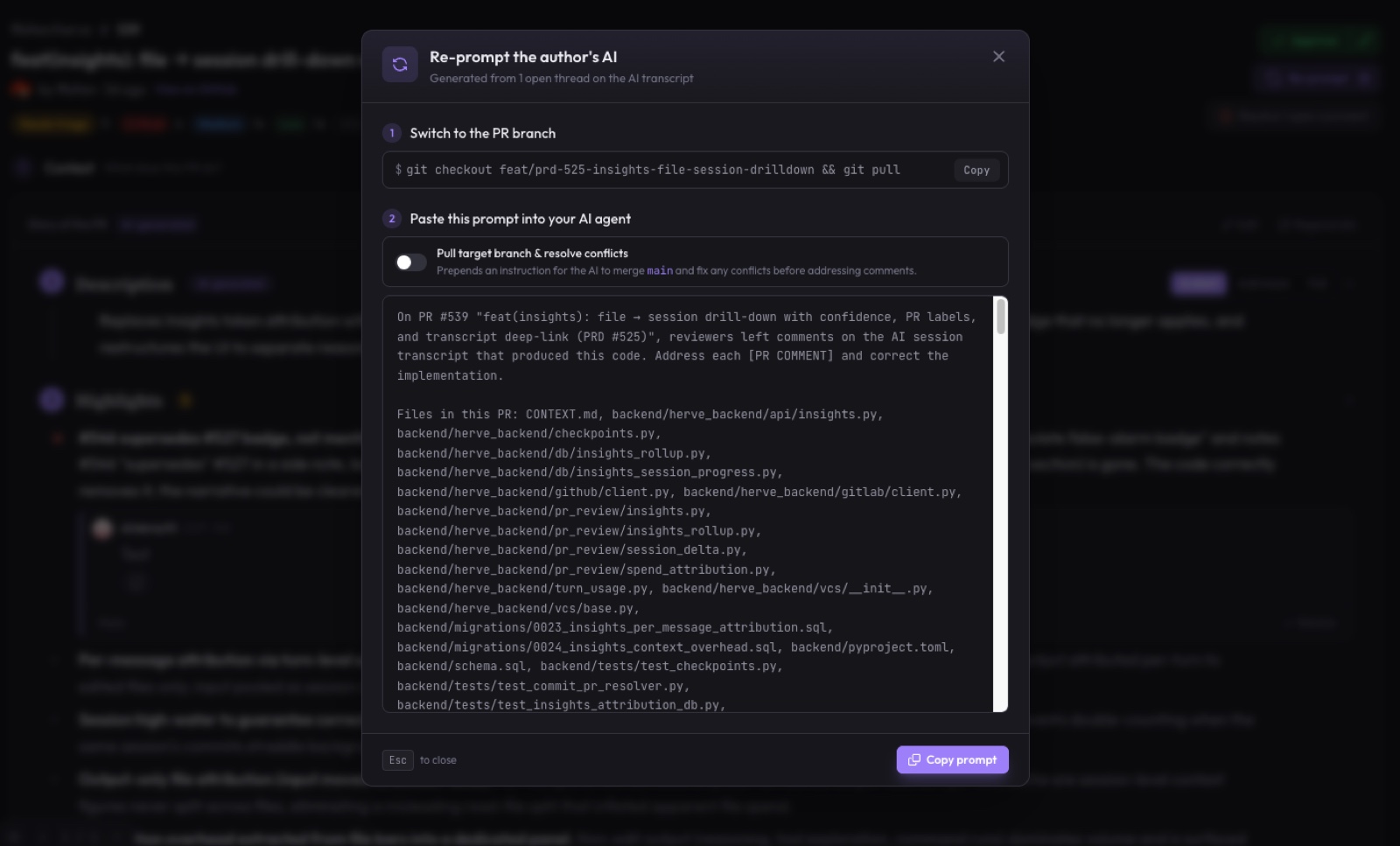 Hervé Re-prompt the author's AI modal: a git checkout command and a ready-to-paste prompt assembled from the open review threads.