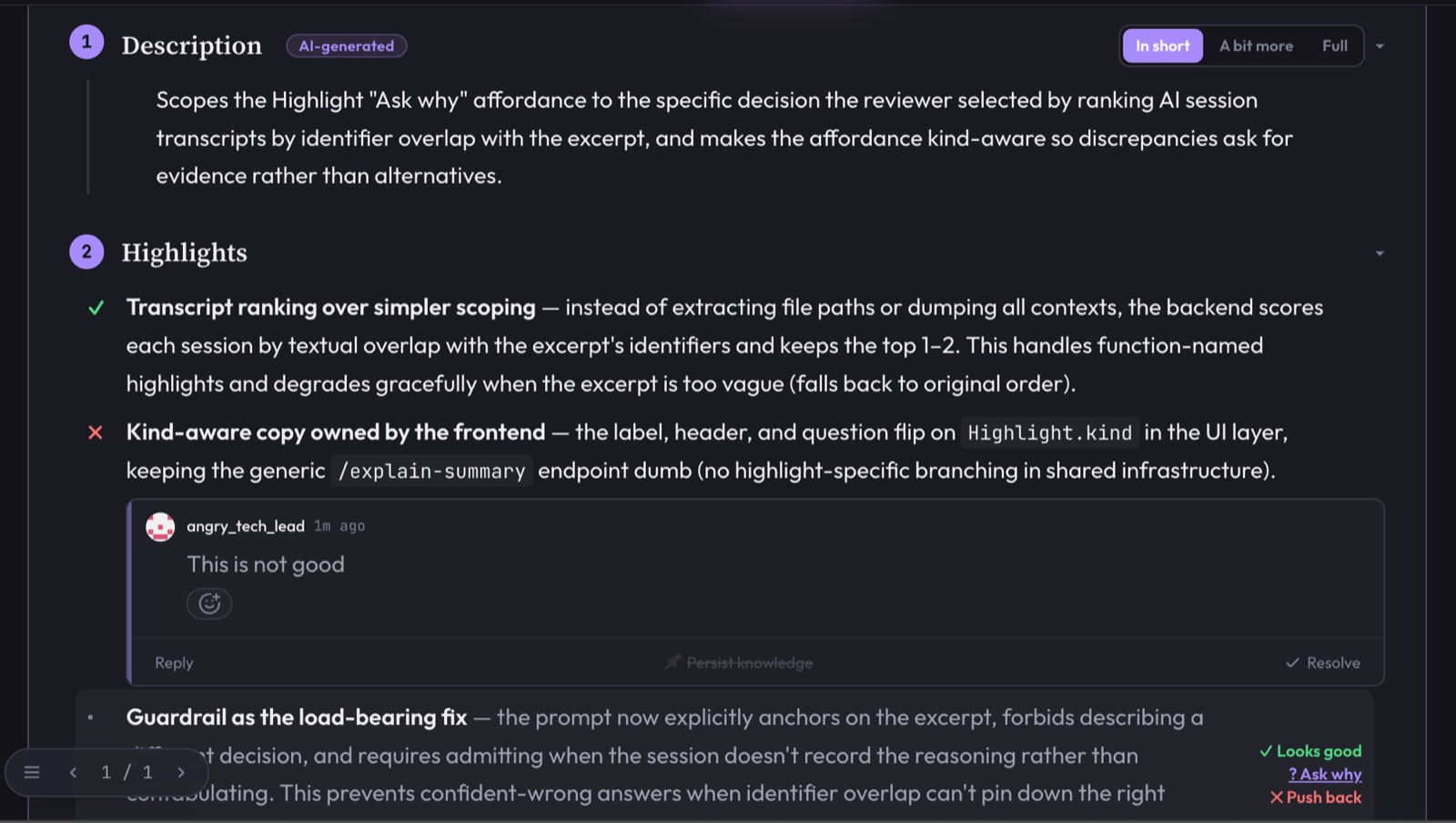 Hervé PR overview: an AI-generated description, ranked highlights, and a reviewer comment with Looks good / Ask why / Push back actions.